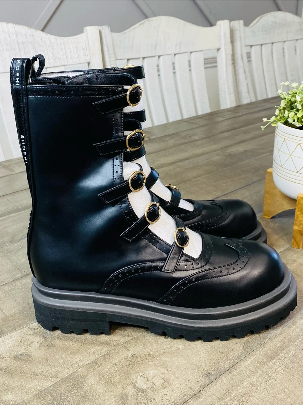 SHOEHI Luella Belt Walker Boots Black Gold Buckle Chunky Platform Size 8